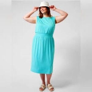 Athleta Santorini Cinch Dress Aqua Teal Midi Sleeveless M